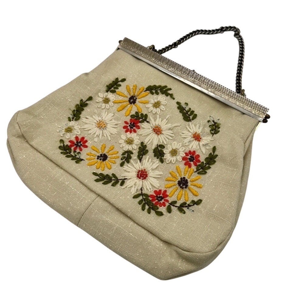 Vintage Embroidered Floral Handbag cottagecore Purse Kiss-lock boho Prairie Bag
